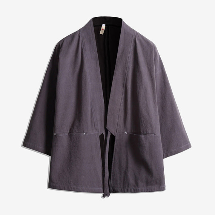 Buddha Stones Solid Color Lace-up Three Quarter Sleeve Open Front Jacket Men's Kimono - Gray - US/UK/AU48，EU58(5XL) - image 4