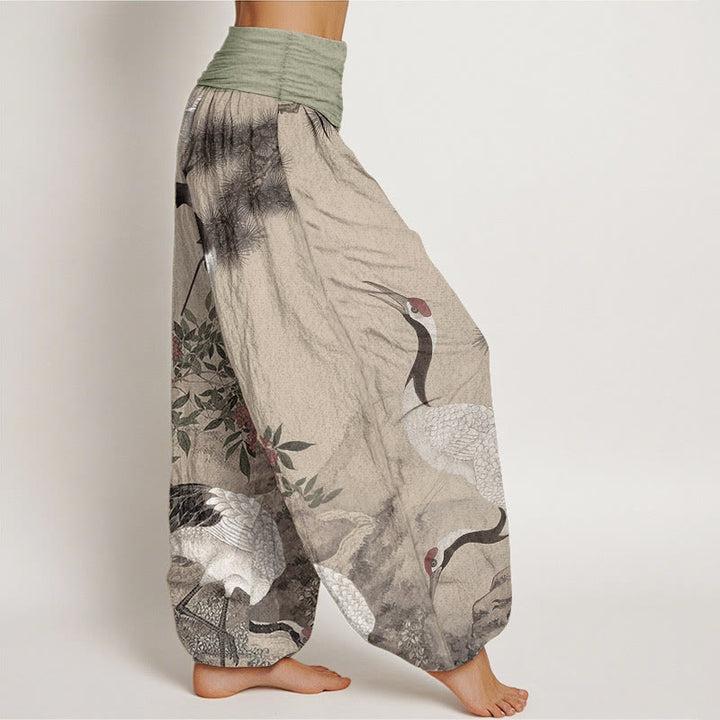 Buddha Stones Pure Cotton Casual Red-crowned Crane Pine Tree Mountain Women's Elastic Waist Harem Pants - image 2
