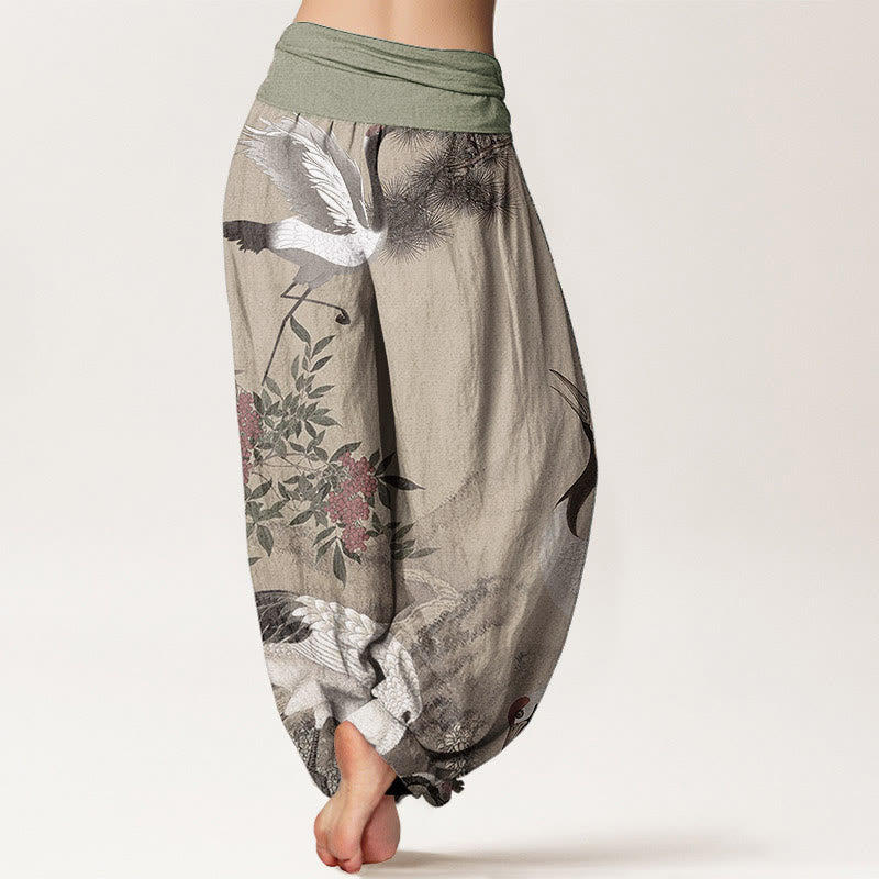 Buddha Stones Pure Cotton Casual Red-crowned Crane Pine Tree Mountain Women's Elastic Waist Harem Pants - image 1