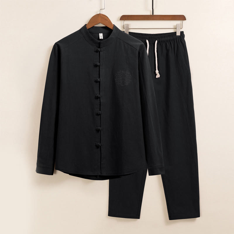 Buddha Stones 2Pcs Plain Men's Frog-Button Long Sleeve Cotton Shirt Pants Set With Pockets - Black - US/UK/AU46，EU56 (5XL) - image 0
