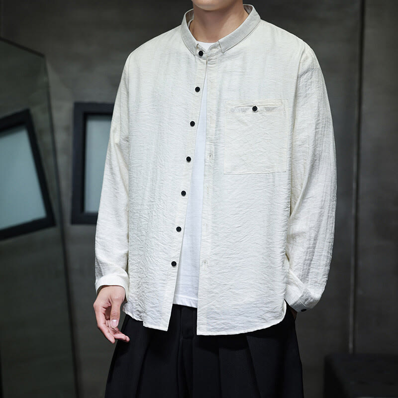 Buddha Stones Spring Men's Solid Color Buttons Design Long Sleeve Shirt - White - US/UK/AU46，EU56 (5XL) - image 6