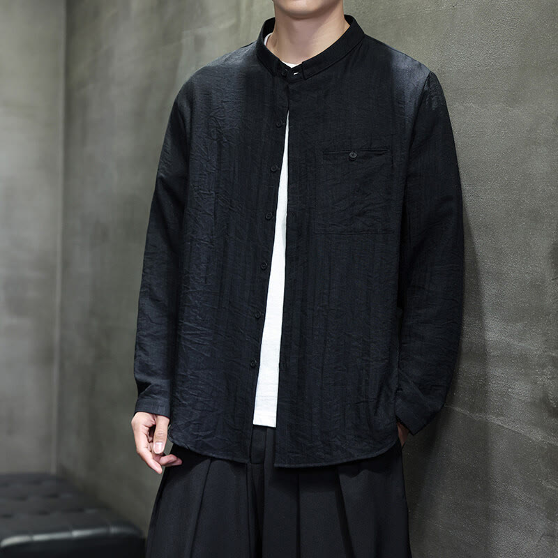 Buddha Stones Spring Men's Solid Color Buttons Design Long Sleeve Shirt - image 2