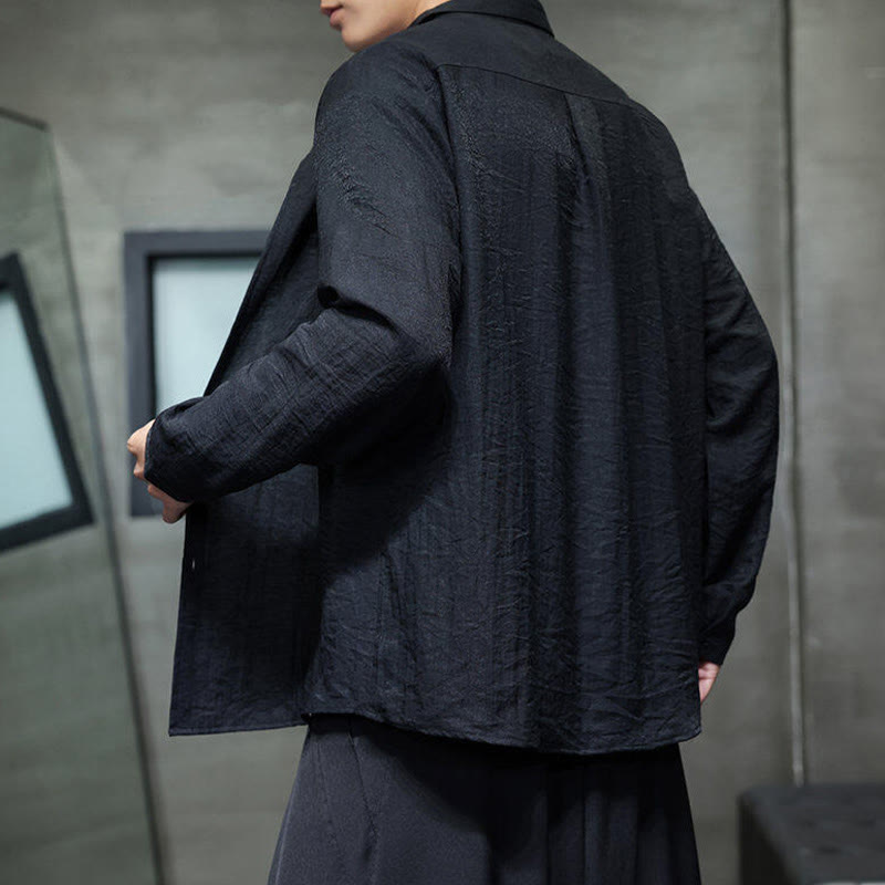 Buddha Stones Spring Men's Solid Color Buttons Design Long Sleeve Shirt - image 4