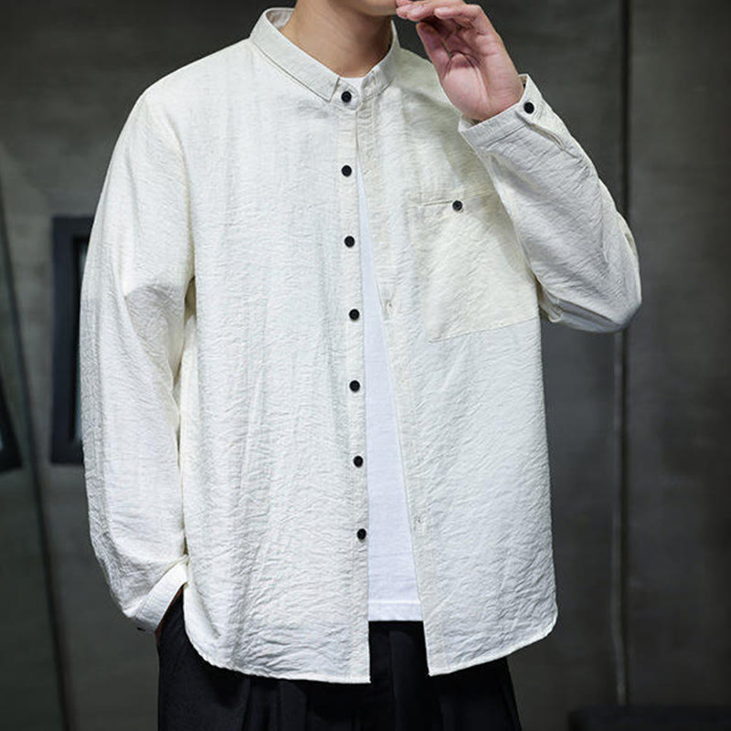 Buddha Stones Spring Men's Solid Color Buttons Design Long Sleeve Shirt - image 8