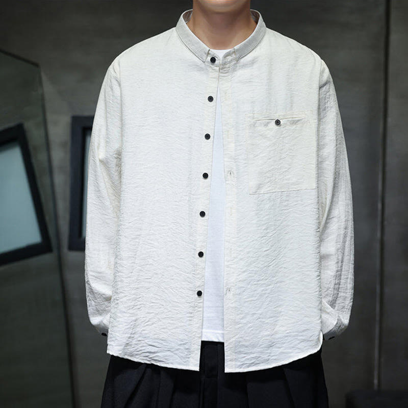 Buddha Stones Spring Men's Solid Color Buttons Design Long Sleeve Shirt - image 12