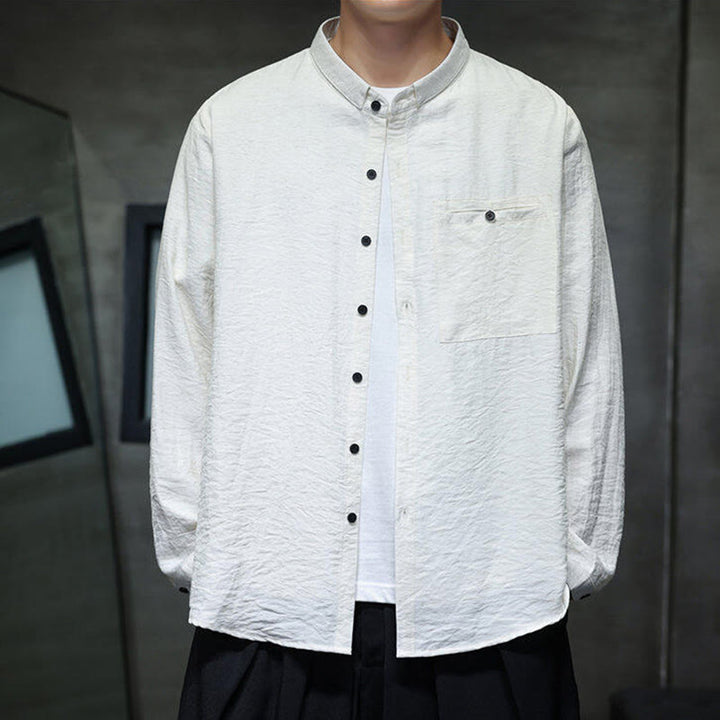 Buddha Stones Spring Men's Solid Color Buttons Design Long Sleeve Shirt - image 12