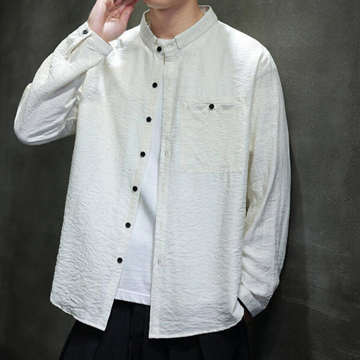 Buddha Stones Spring Men's Solid Color Buttons Design Long Sleeve Shirt - image 14