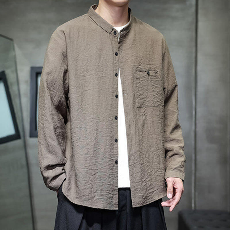 Buddha Stones Spring Men's Solid Color Buttons Design Long Sleeve Shirt - image 18