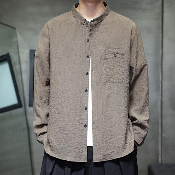 Buddha Stones Spring Men's Solid Color Buttons Design Long Sleeve Shirt - image 19