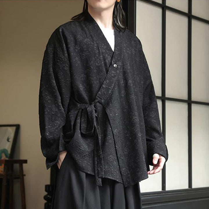 Buddha Stones Spring V-Neck Floral Men's Lace-up Design Long Sleeve Shirt - image 3