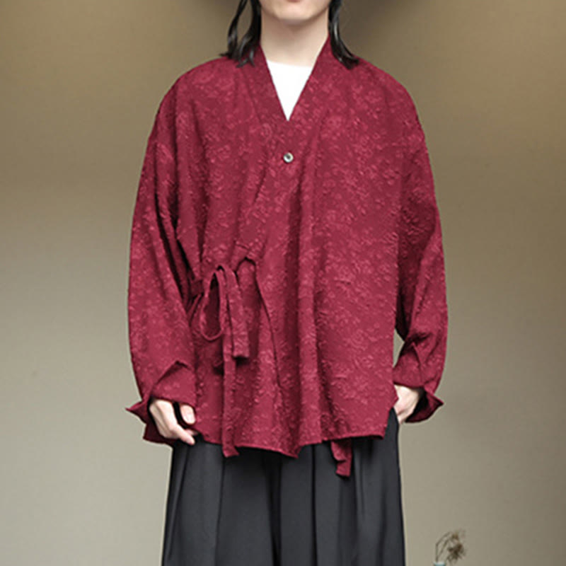 Buddha Stones Spring V-Neck Floral Men's Lace-up Design Long Sleeve Shirt - image 17