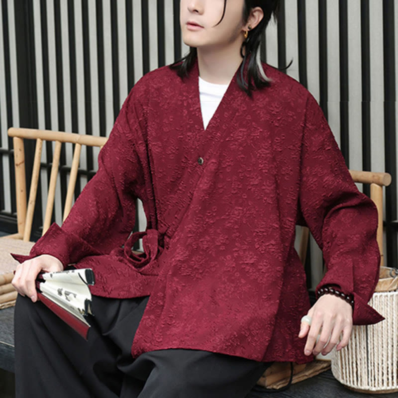 Buddha Stones Spring V-Neck Floral Men's Lace-up Design Long Sleeve Shirt - image 11