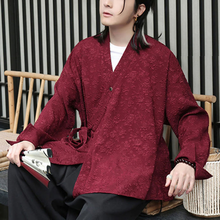 Buddha Stones Spring V-Neck Floral Men's Lace-up Design Long Sleeve Shirt - image 11