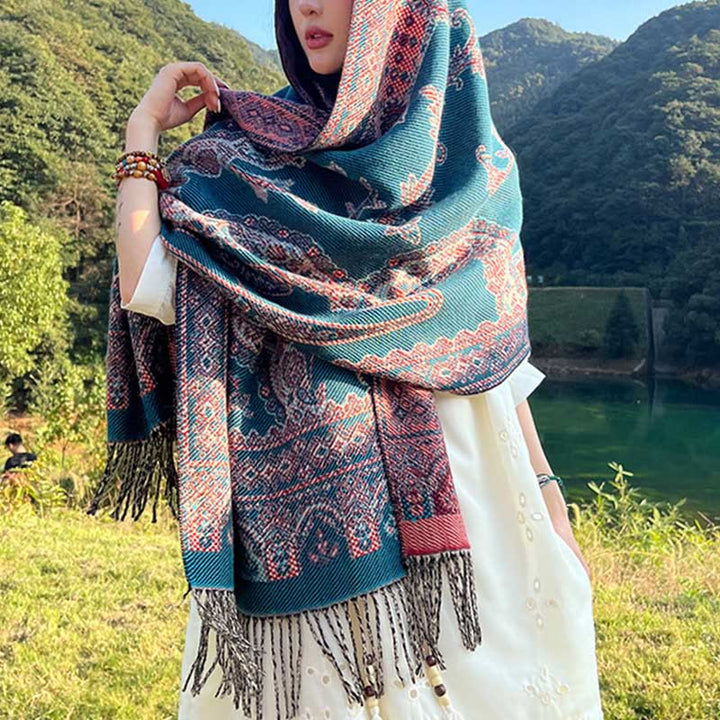 Buddha Stones Jacquard Ethnic Paisley Plants Pattern Tassel Soft Thermal Scarf Shawl - DarkCyan Vines Floral - 70-190cm - image 8