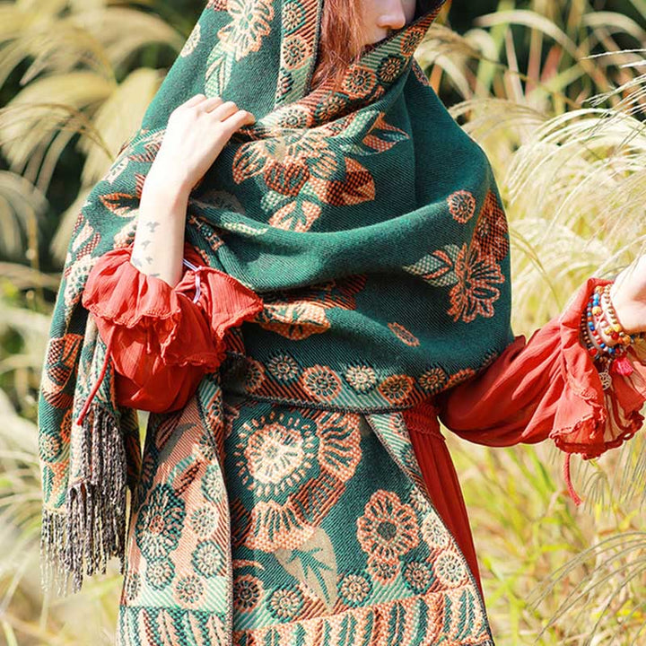 Buddha Stones Jacquard Ethnic Paisley Plants Pattern Tassel Soft Thermal Scarf Shawl - SeaGreen Floral - 70-190cm - image 31