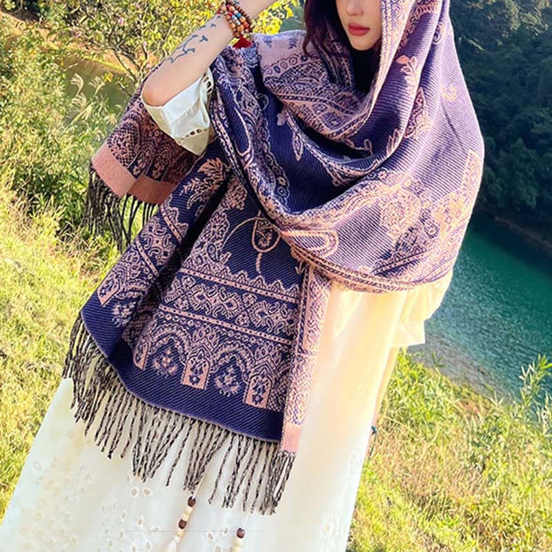 Buddha Stones Jacquard Ethnic Paisley Plants Pattern Tassel Soft Thermal Scarf Shawl - image 12