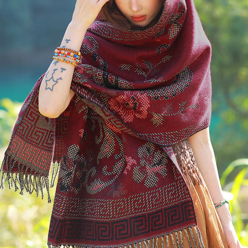 Buddha Stones Jacquard Ethnic Paisley Plants Pattern Tassel Soft Thermal Scarf Shawl - image 40