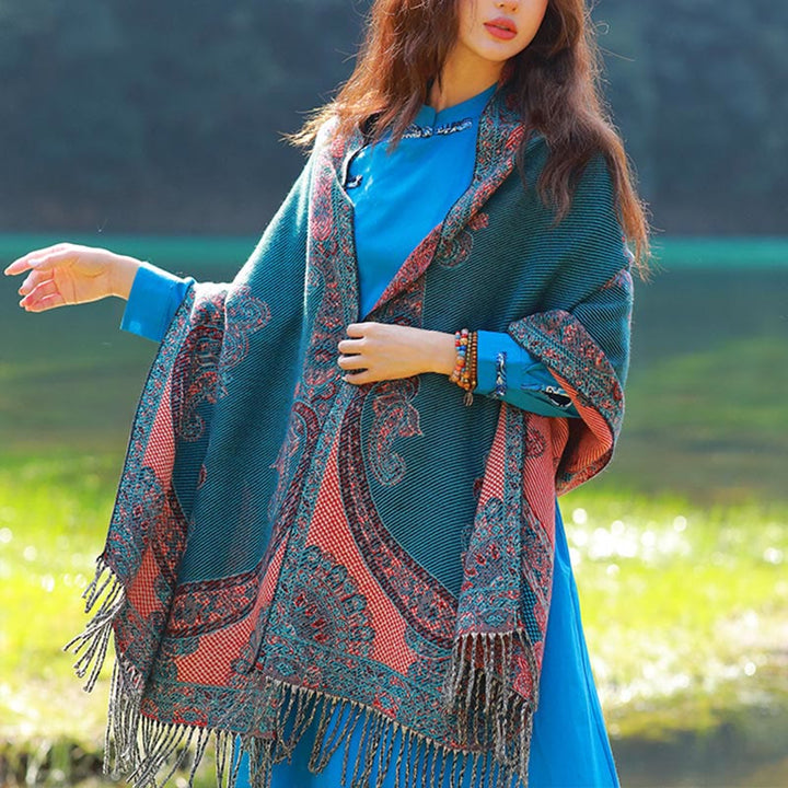 Buddha Stones Jacquard Ethnic Paisley Plants Pattern Tassel Soft Thermal Scarf Shawl - DarkCyan Paisley - 70-190cm - image 43