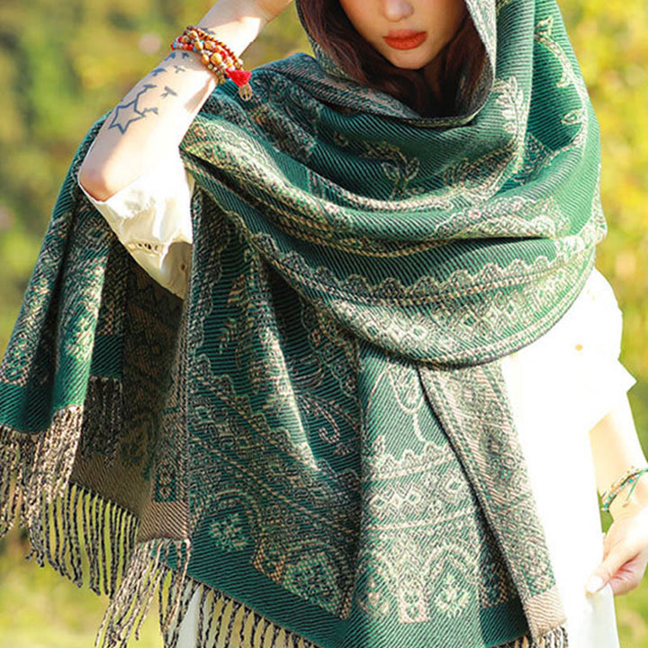 Buddha Stones Jacquard Ethnic Paisley Plants Pattern Tassel Soft Thermal Scarf Shawl - image 1