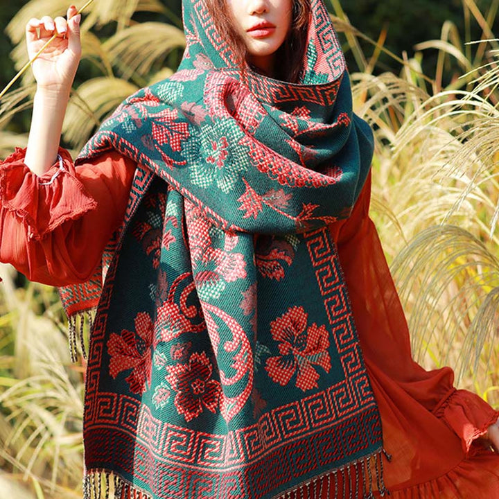 Buddha Stones Jacquard Ethnic Paisley Plants Pattern Tassel Soft Thermal Scarf Shawl - DarkCyan Floral - 70-190cm - image 34