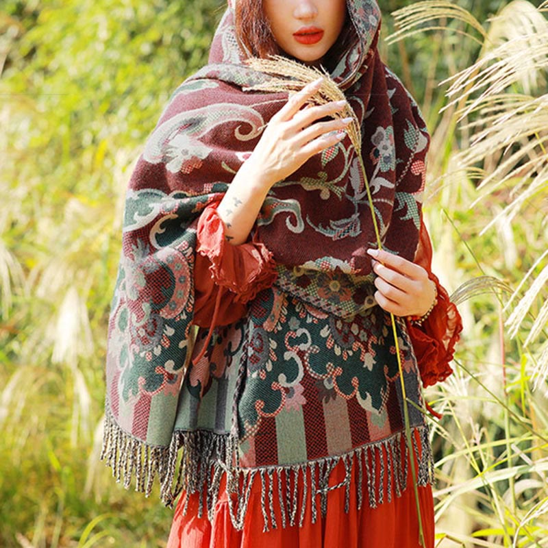 Buddha Stones Jacquard Ethnic Paisley Plants Pattern Tassel Soft Thermal Scarf Shawl - DarkRed Paisley - 70-190cm - image 3