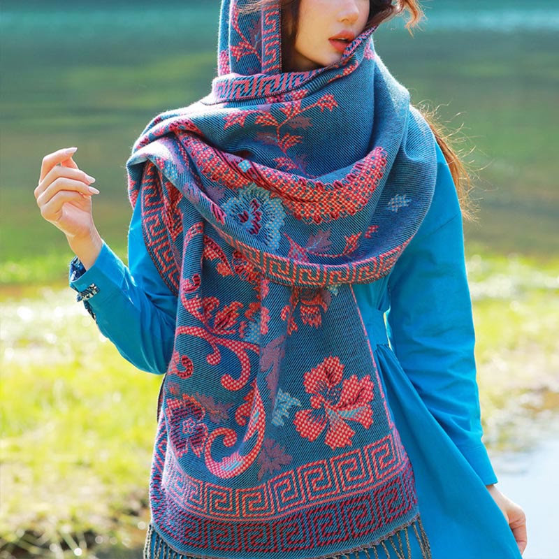 Buddha Stones Jacquard Ethnic Paisley Plants Pattern Tassel Soft Thermal Scarf Shawl - SteelBlue Floral - 70-190cm - image 37