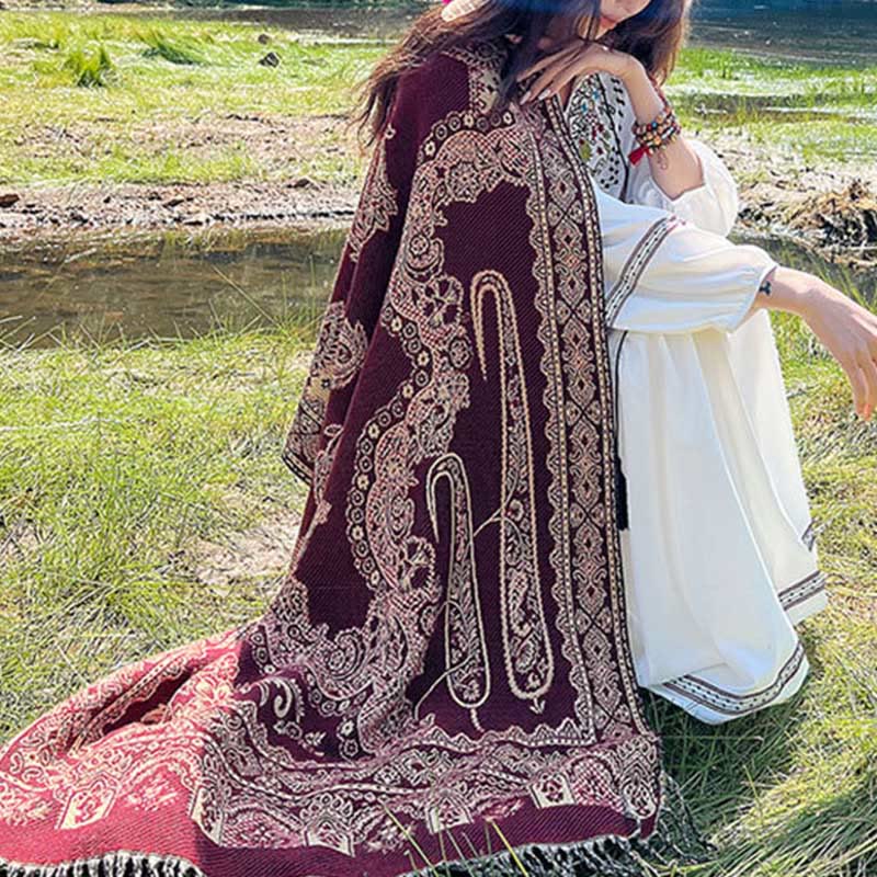 Buddha Stones Jacquard Ethnic Paisley Plants Pattern Tassel Soft Thermal Scarf Shawl - image 18