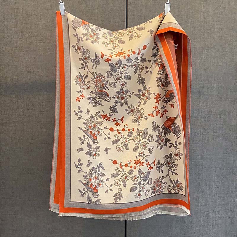 Buddha Stones Commute Flowers Bird Pattern Color Contrast Design Tassels Cozy Soft Scarf Shawl - DarkOrange - 190*65 cm - image 9