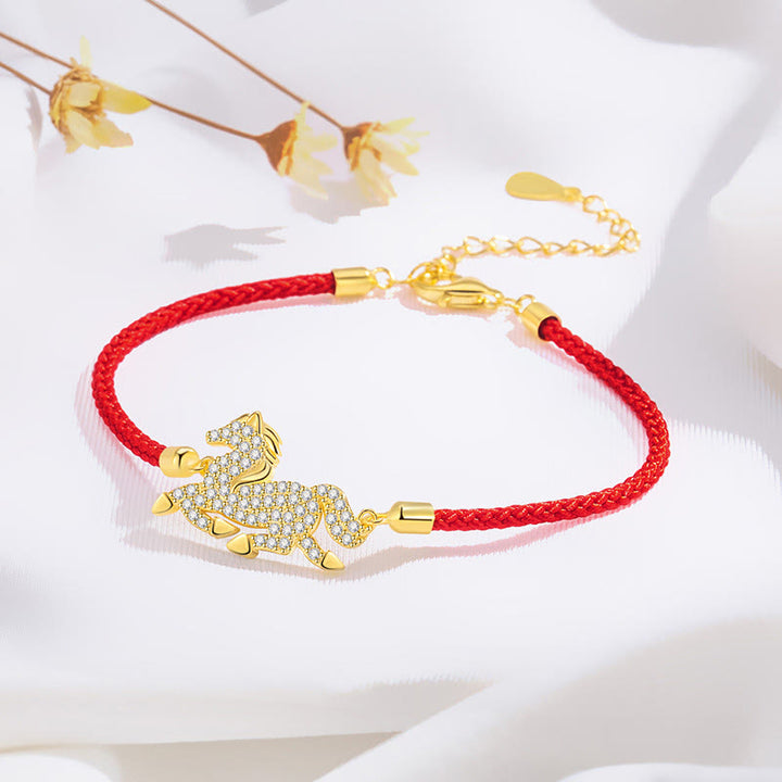 Buddha Stones 925 Sterling Silver Plated 18k Gold Red String Year Of The Horse Strength Bracelet - image 4