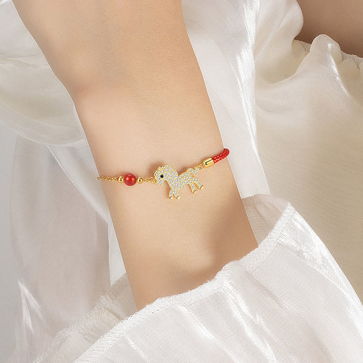 Buddha Stones 925 Sterling Silver Plated 18k Gold Year Of The Horse Red String Strength Bracelet - image 9