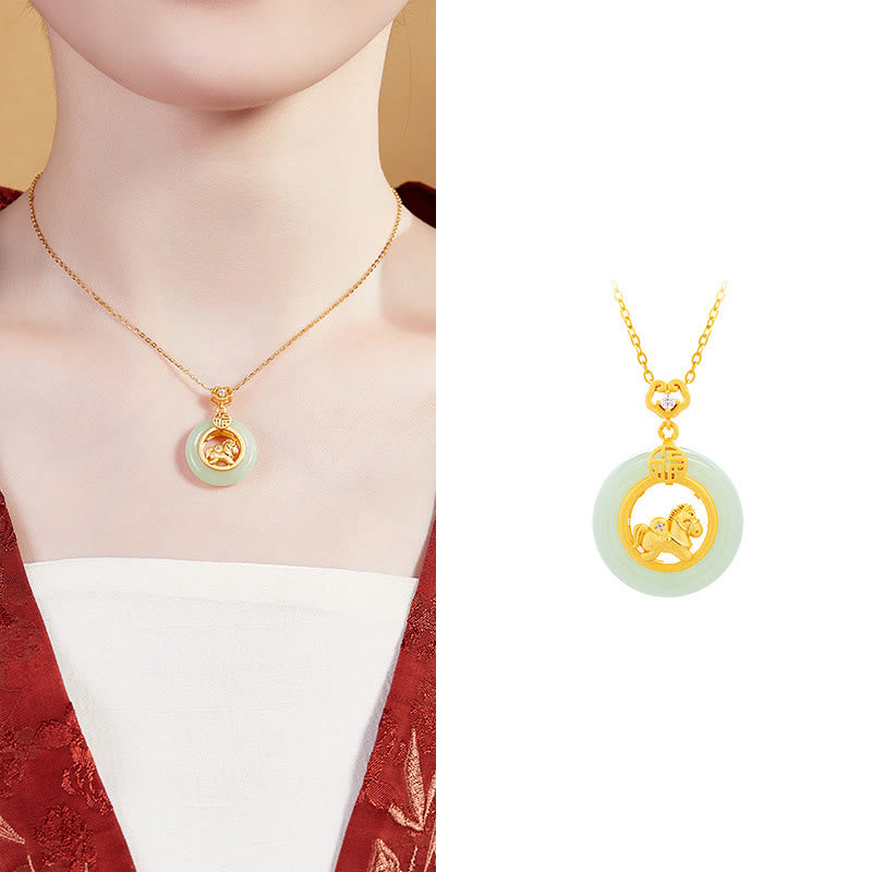 Buddha Stones 925 Sterling Silver Year Of The Horse Hetian Jade Peace Buckle Luck Necklace Pendant - image 13