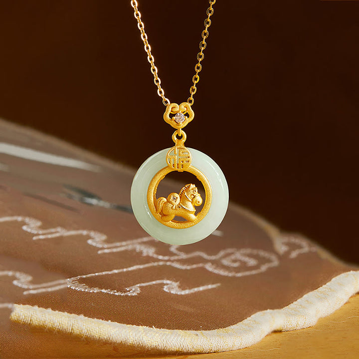 Buddha Stones 925 Sterling Silver Year Of The Horse Hetian Jade Peace Buckle Luck Necklace Pendant - image 1