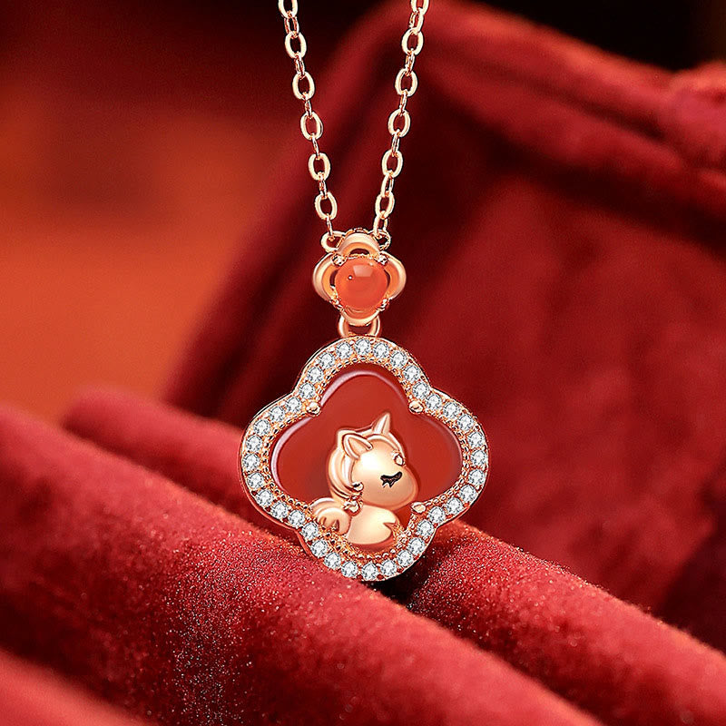 Buddha Stones 925 Sterling Silver Year Of The Horse Four Leaf Clover Red Agate Calm Necklace Pendant - Red Agate(Logical thinking ♥ Self-acceptance) - image 0