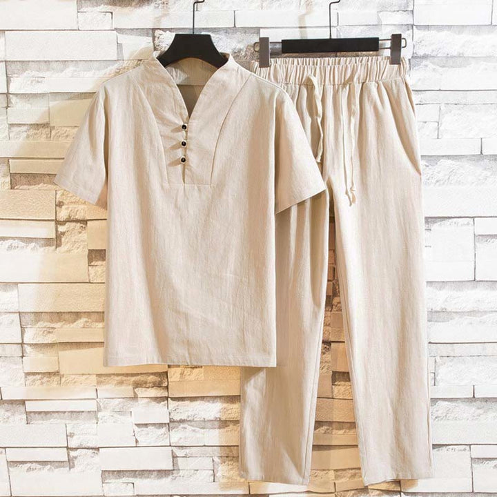 Buddha Stones 2Pcs Solid Color Cotton Button Short Sleeve T-shirt Pants Men's Set - AntiqueWhite - US/UK/AU44，EU54 (5XL) - image 11