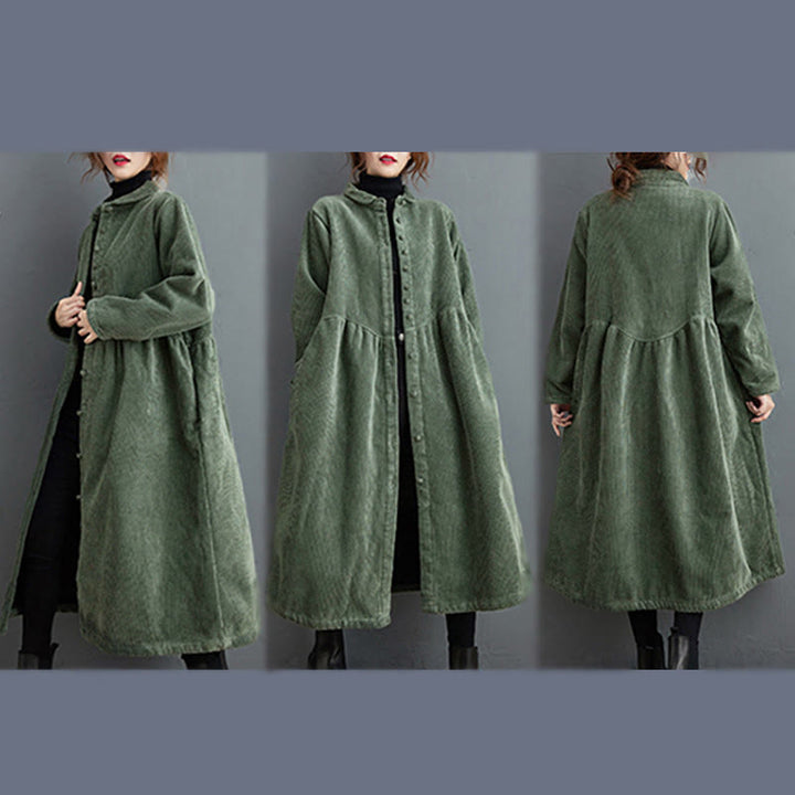 Buddha Stones Plain Buttons Long Sleeve Women's Cotton Corduroy Fleece-Lined Coat With Pockets - image 11