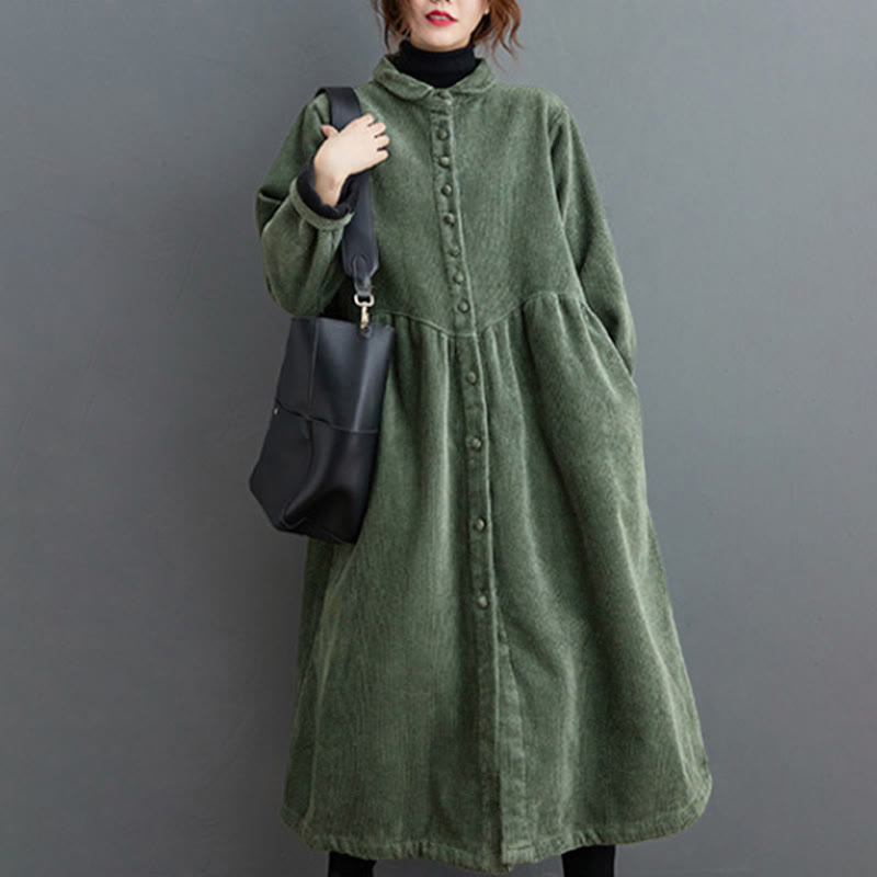 Buddha Stones Plain Buttons Long Sleeve Women's Cotton Corduroy Fleece-Lined Coat With Pockets - SeaGreen - US8-10，UK/AU12-14，EU40-42 (2XL) - image 9