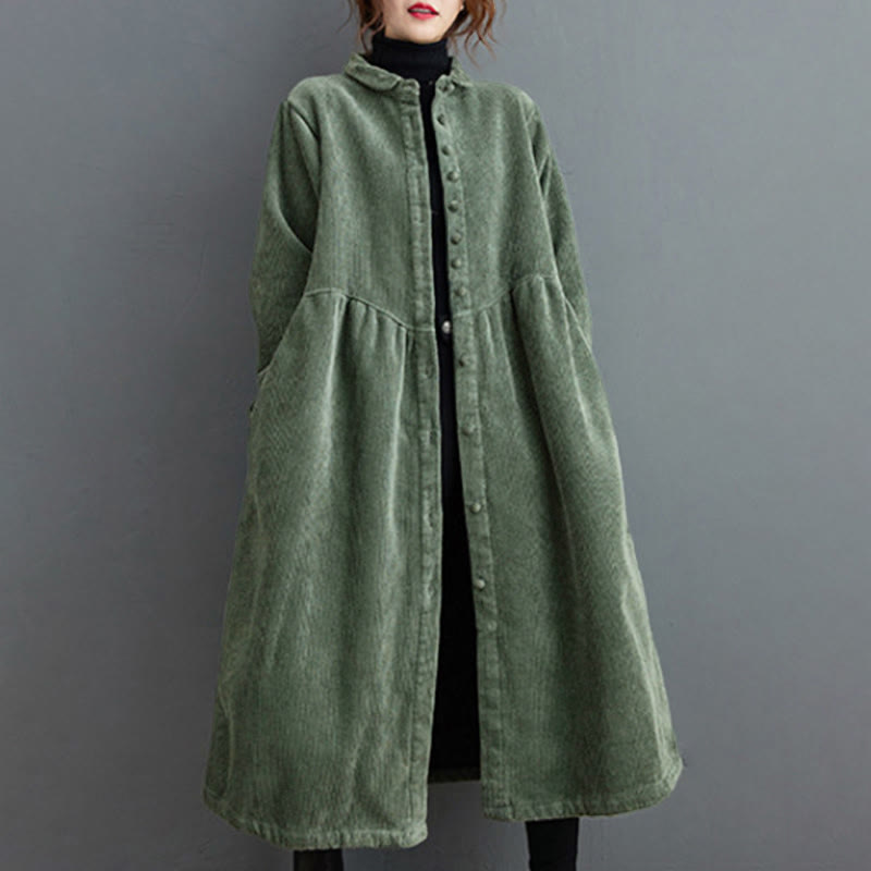 Buddha Stones Plain Buttons Long Sleeve Women's Cotton Corduroy Fleece-Lined Coat With Pockets - image 14