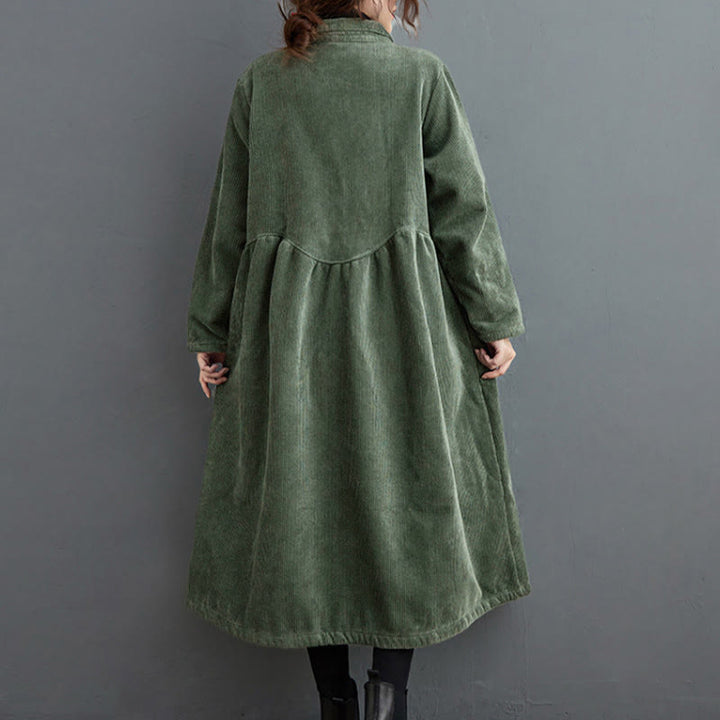 Buddha Stones Plain Buttons Long Sleeve Women's Cotton Corduroy Fleece-Lined Coat With Pockets - image 13