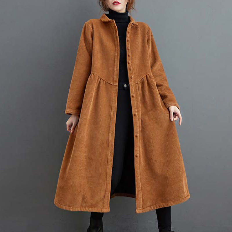 Buddha Stones Plain Buttons Long Sleeve Women's Cotton Corduroy Fleece-Lined Coat With Pockets - Peru - US8-10，UK/AU12-14，EU40-42 (2XL) - image 16