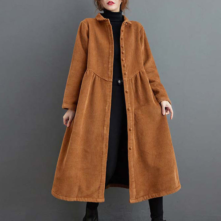 Buddha Stones Plain Buttons Long Sleeve Women's Cotton Corduroy Fleece-Lined Coat With Pockets - Peru - US8-10，UK/AU12-14，EU40-42 (2XL) - image 16