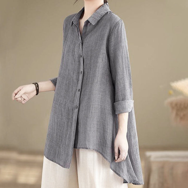 Buddha Stones Irregular Design Buttons Long Sleeve Women's Cotton Shirt - Gray - US12，UK/AU16，EU44 (3XL) - image 0