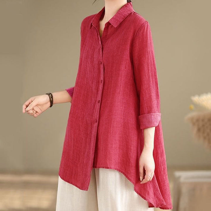 Buddha Stones Irregular Design Buttons Long Sleeve Women's Cotton Shirt - HotPink - US12，UK/AU16，EU44 (3XL) - image 6