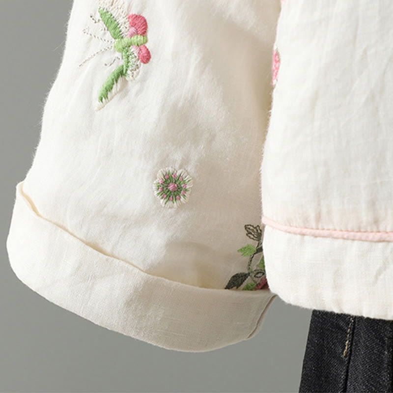 Buddha Stones Flower Embroidery Women's Long Sleeve Cotton-padded Jacket With Pockets - image 9