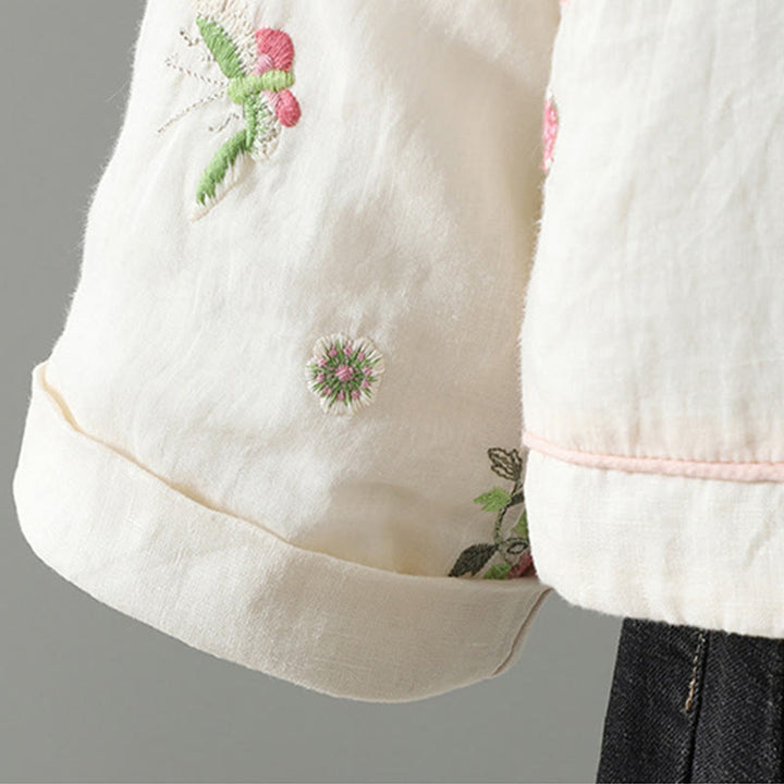 Buddha Stones Flower Embroidery Women's Long Sleeve Cotton-padded Jacket With Pockets - image 9