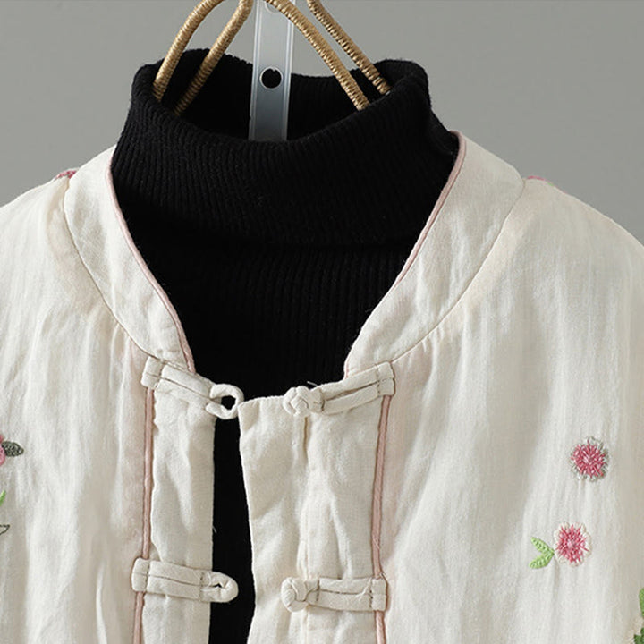 Buddha Stones Flower Embroidery Women's Long Sleeve Cotton-padded Jacket With Pockets - image 3