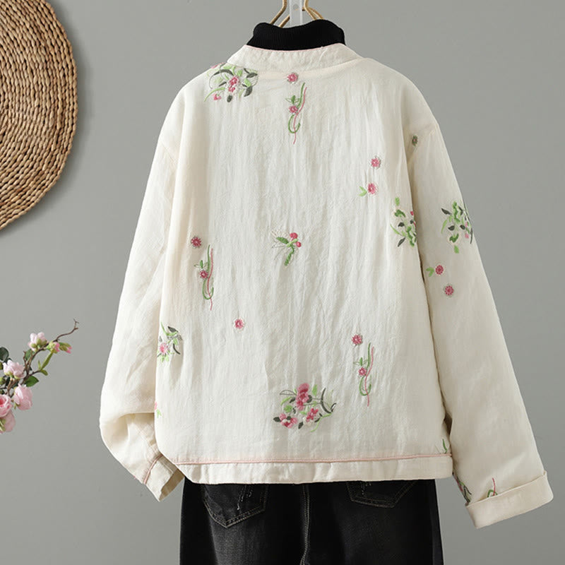 Buddha Stones Flower Embroidery Women's Long Sleeve Cotton-padded Jacket With Pockets - image 2