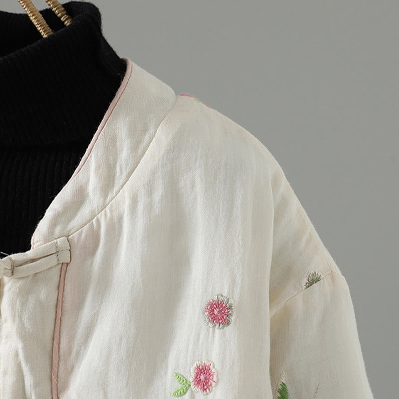 Buddha Stones Flower Embroidery Women's Long Sleeve Cotton-padded Jacket With Pockets - image 5