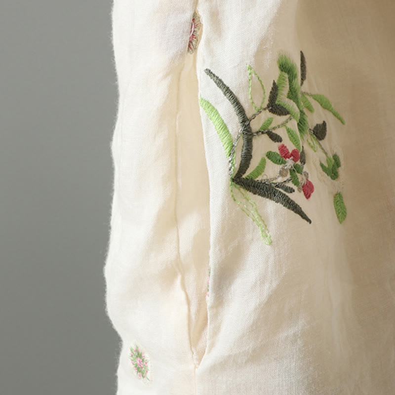 Buddha Stones Flower Embroidery Women's Long Sleeve Cotton-padded Jacket With Pockets - image 7