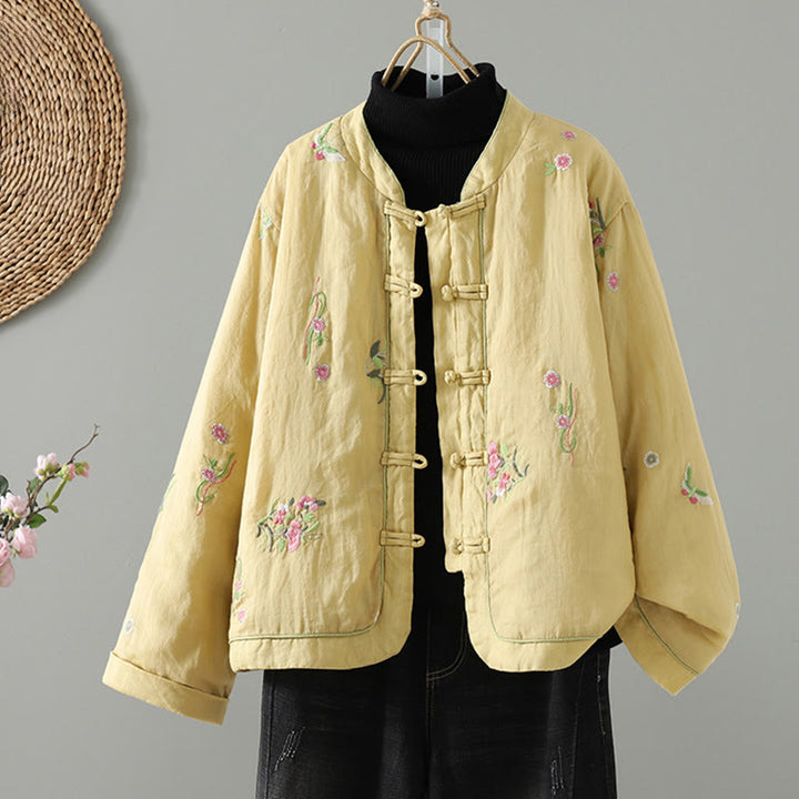 Buddha Stones Flower Embroidery Women's Long Sleeve Cotton-padded Jacket With Pockets - Khaki - US8-10，UK/AU12-14，EU40-42 (2XL) - image 12