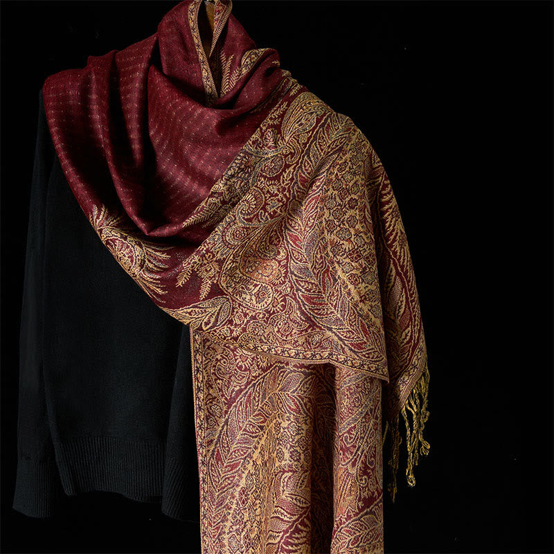 Buddha Stones Spring Long Leaves Flowers Pattern Tassel Soft Scarf Shawl - IndianRed - 175*70cm - image 12